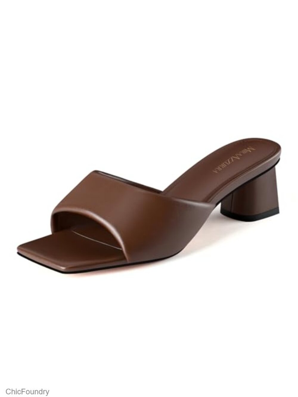 MIRAAZZURRA Faux Leather Heeled Mules Square Open Toe Slip On Chunky Block Low